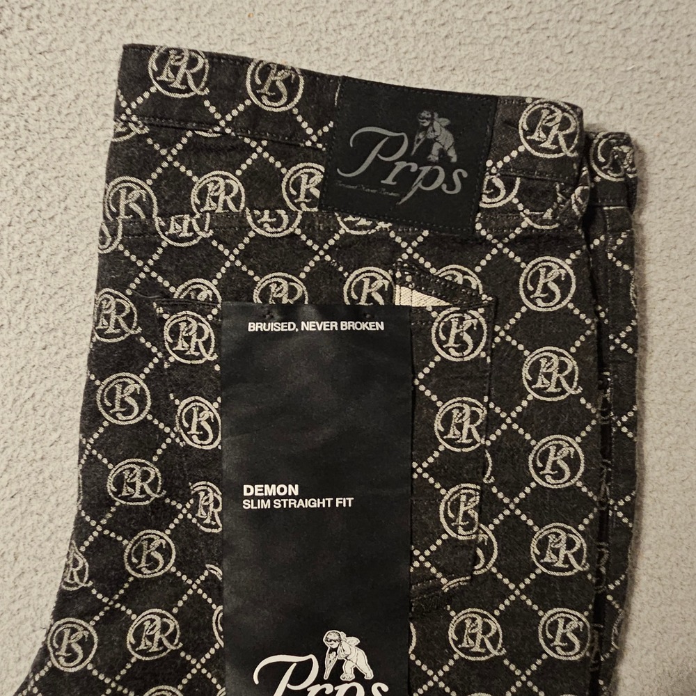 PRPS Demon Slim Straight Jeans Black Monogram Logo Print Denim Mens 42 E107P242 - Picture 3 of 8